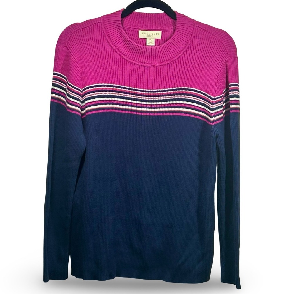 Appleseed's Soft Striped Crewneck Sweater Petite Large Coastal Grandma Cozy